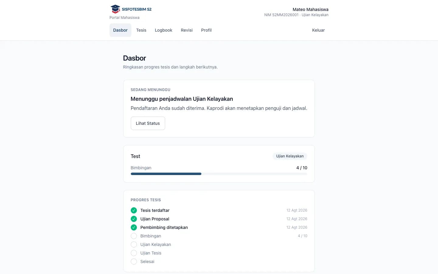 SISFOTESBIM S2 student portal dashboard with thesis progress summary and next actions