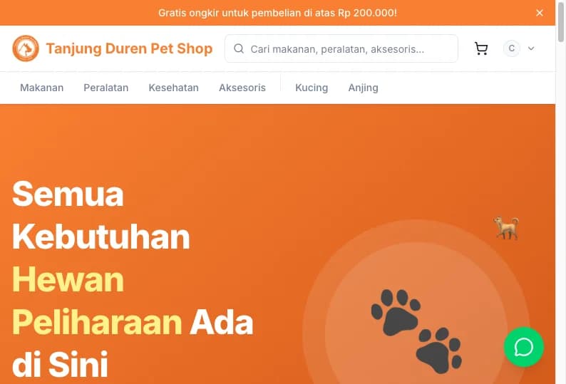 Homepage Tanjung Duren Pet Shop dengan banner hero, navigasi jenis hewan, dan produk unggulan