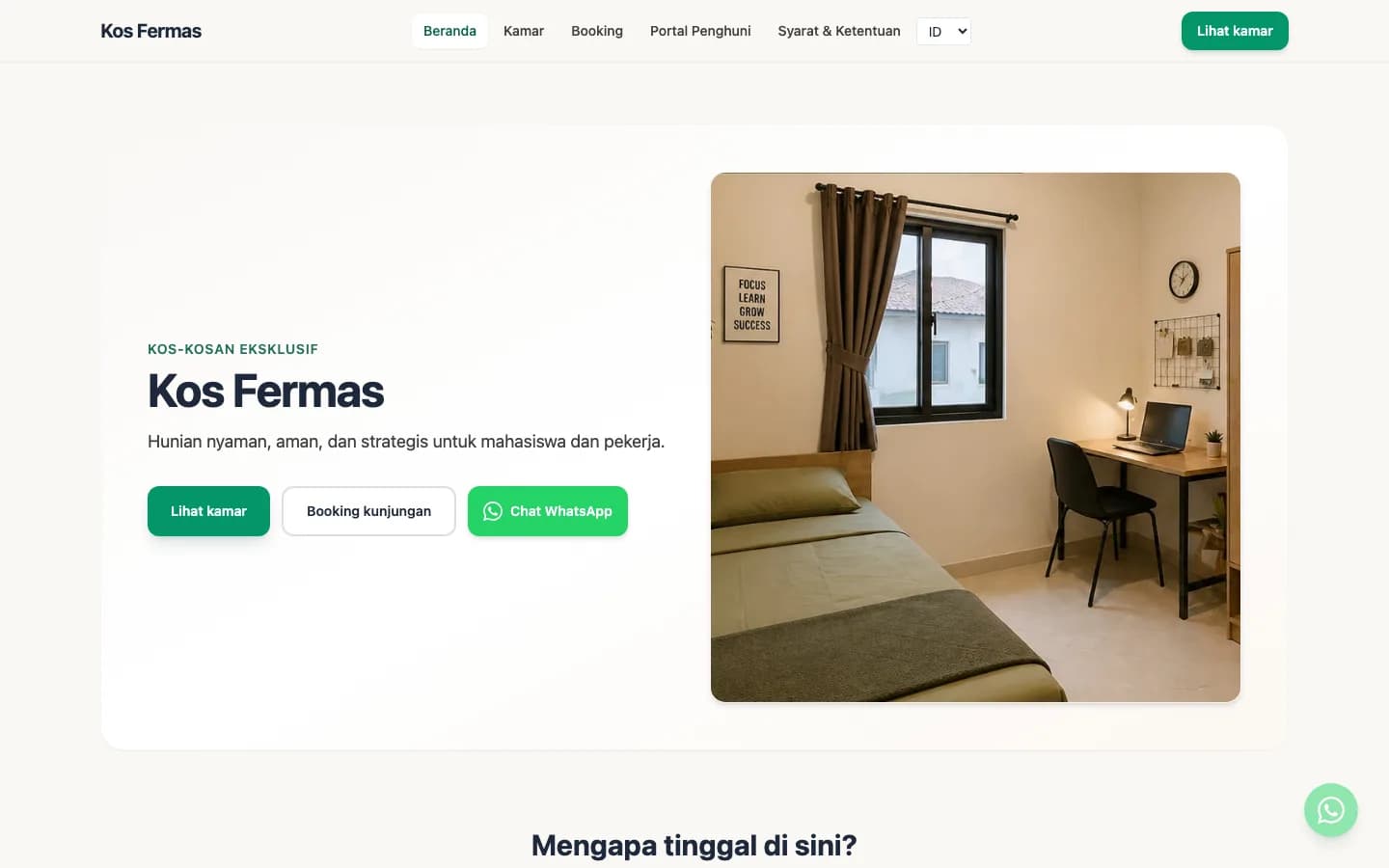 Homepage publik Manajemen Kos dengan hero Kos Fermas, CTA kamar, dan kontak WhatsApp